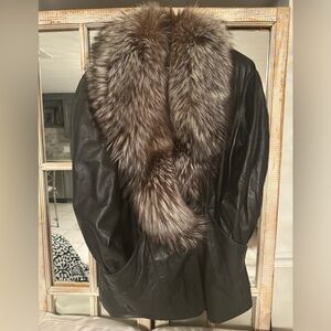 Vintage Leather And Fur coat with matching fur trim gloves